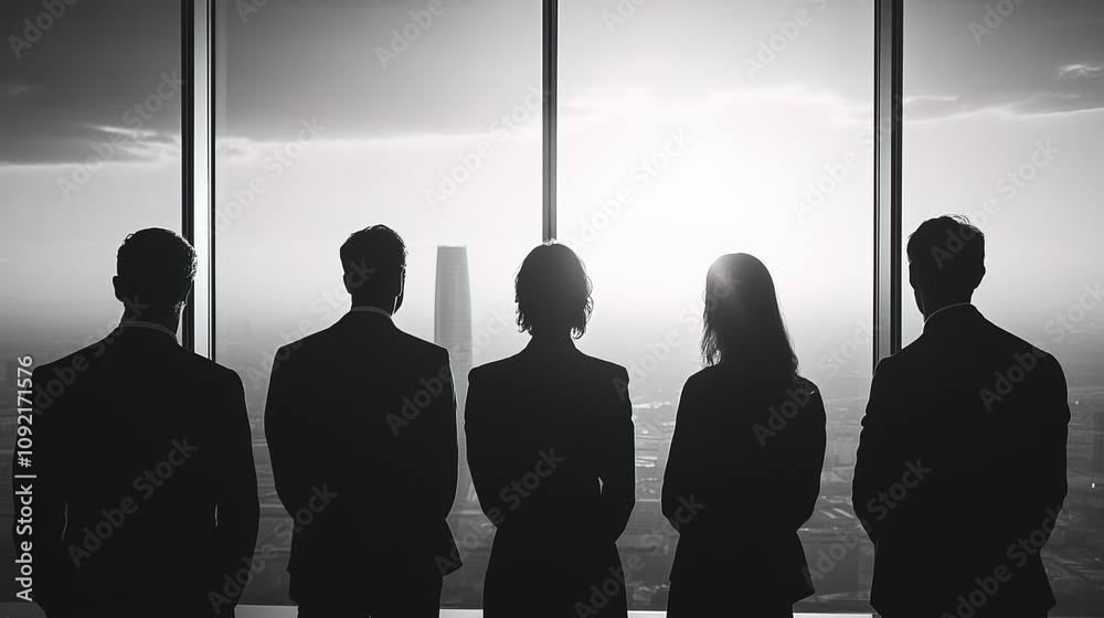 A group of professionals stands together, silhouetted A group of professionals stands together, silhouetted