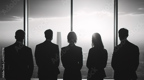 A group of professionals stands together, silhouetted 