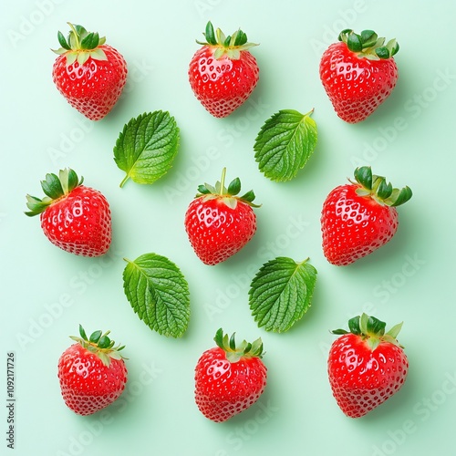 2409_035.An assortment of whole, uncropped fresh strawberries on mint cream background, view from above, showcasing diverse varieties, arranged with space around each fresh strawberries, editorial