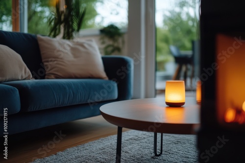 A welcoming living room with a plush sofa and glowing fireplace, offering comfort and a sense of home.