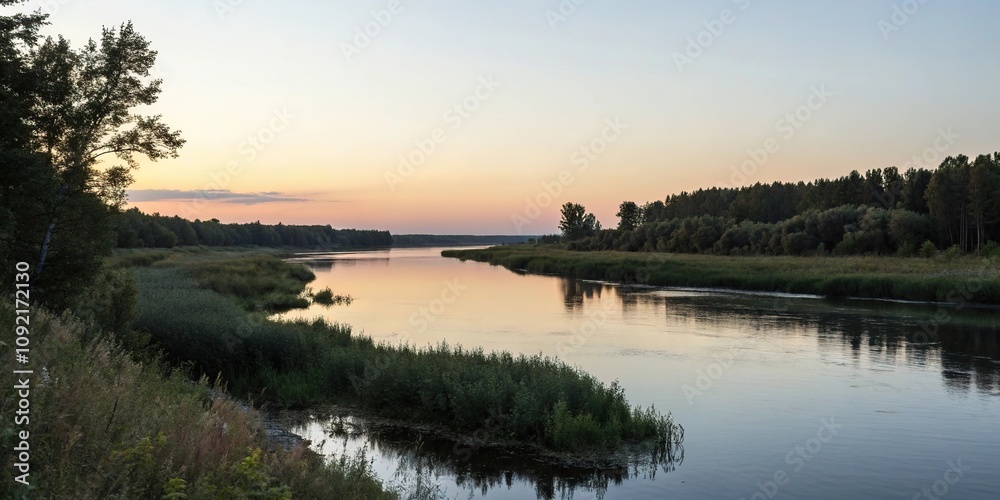 Obraz premium Peaceful evening scene with a calm river, gentle flow, misty atmosphere