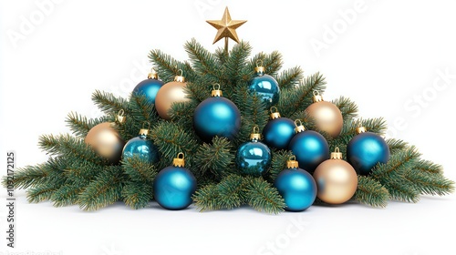 Teal and gold Christmas ornaments on a fir tree branch pile, star topper.