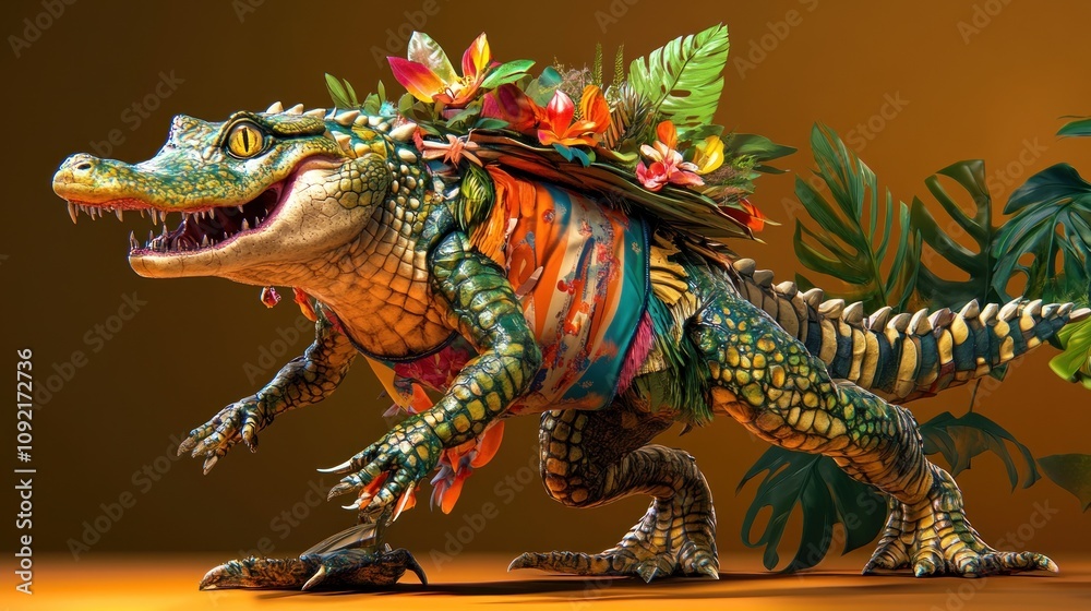 A vibrant, stylized crocodile adorned with flowers and foliage, showcasing a playful design. A vibrant, stylized crocodile adorned with flowers and foliage, showcasing a playful design.