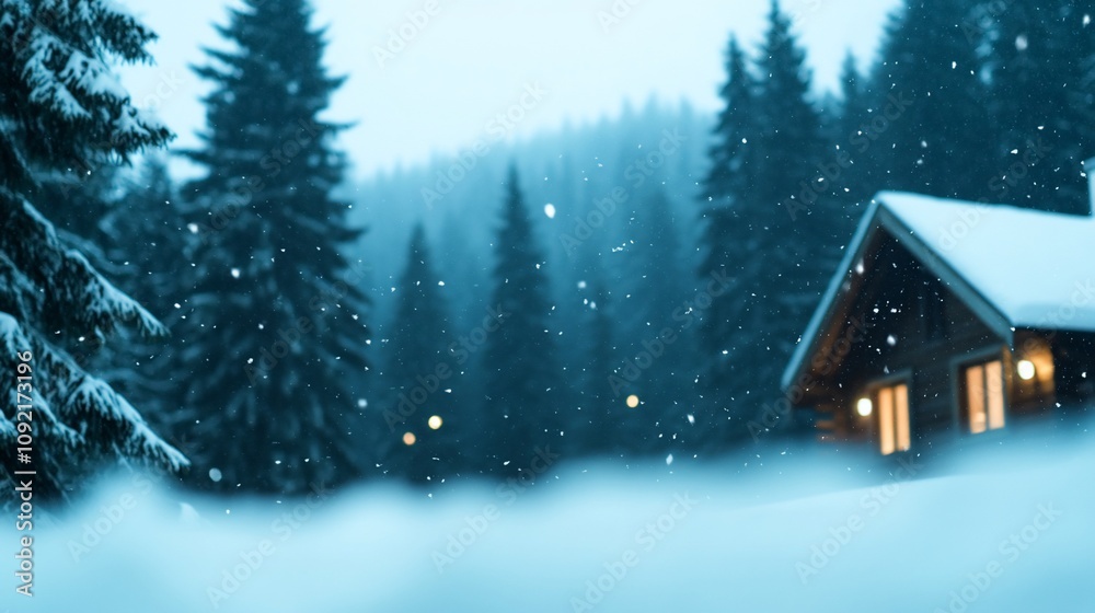 Cozy cabin in snowy forest at night. Cozy cabin in snowy forest at night.