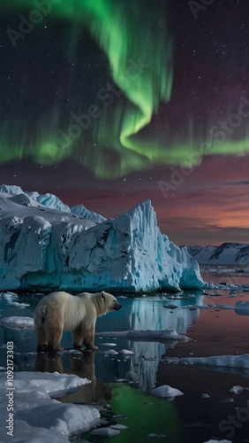 A stunning twilight scene in the Arctic, featuring glistening auroras and frozen glaciers. A huge polar bear stands majestically atop a ragged ice floe on one side.