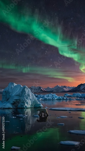 A stunning twilight scene in the Arctic, featuring glistening auroras and frozen glaciers. A huge polar bear stands majestically atop a ragged ice floe on one side.