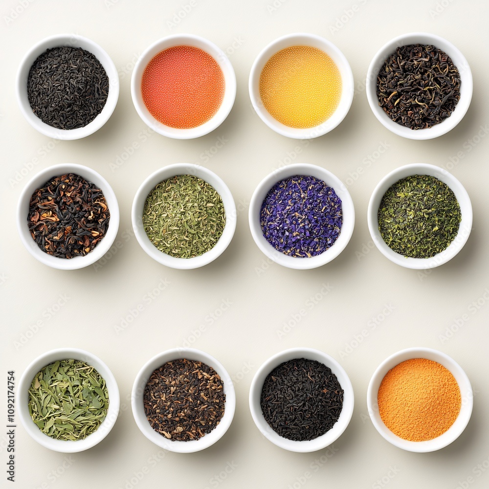 2409_030.An assortment of whole, uncropped gourmet tea varieties on soft ecru background, view from above, showcasing diverse varieties, arranged with space around each gourmet tea varieties, 2409_030.An assortment of whole, uncropped gourmet tea varieties on soft ecru background, view from above, showcasing diverse varieties, arranged with space around each gourmet tea varieties,