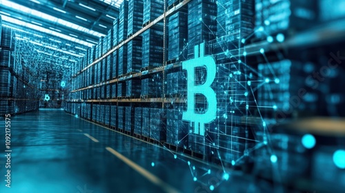 Blockchain in Supply Chain Management: A high-definition, photorealistic image of a warehouse with a digital overlay of a blockchain network tracking the movement of goods