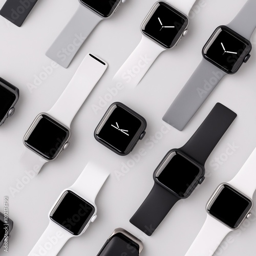 2409_103.An assortment of whole, uncropped modern smart watches on  gunmetal grey background, view from above, showcasing diverse varieties, arranged with space around each modern smart watches, photo