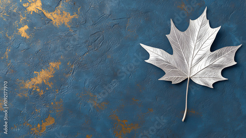 A single silver leaf with intricate veins lies against a textured, dark blue and gold background, evoking elegance and luxury.  photo