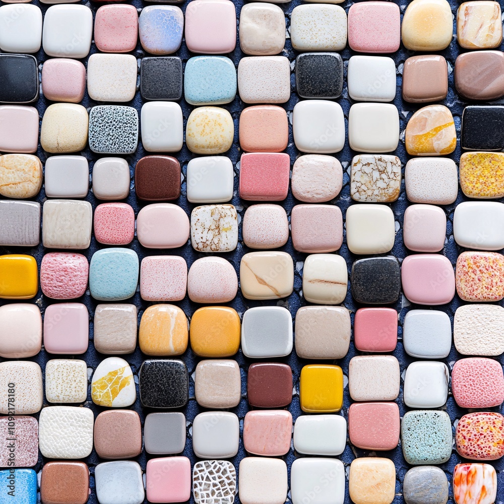 Fototapeta premium 2409_121.An assortment of whole, uncropped vibrant mosaic tiles on deep navy background, view from above, showcasing diverse varieties, arranged with space around each vibrant mosaic tiles,