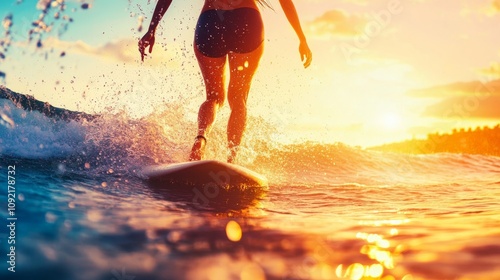 The healthy lady is enjoying the surf on her board. Convey a healthy, free, a...