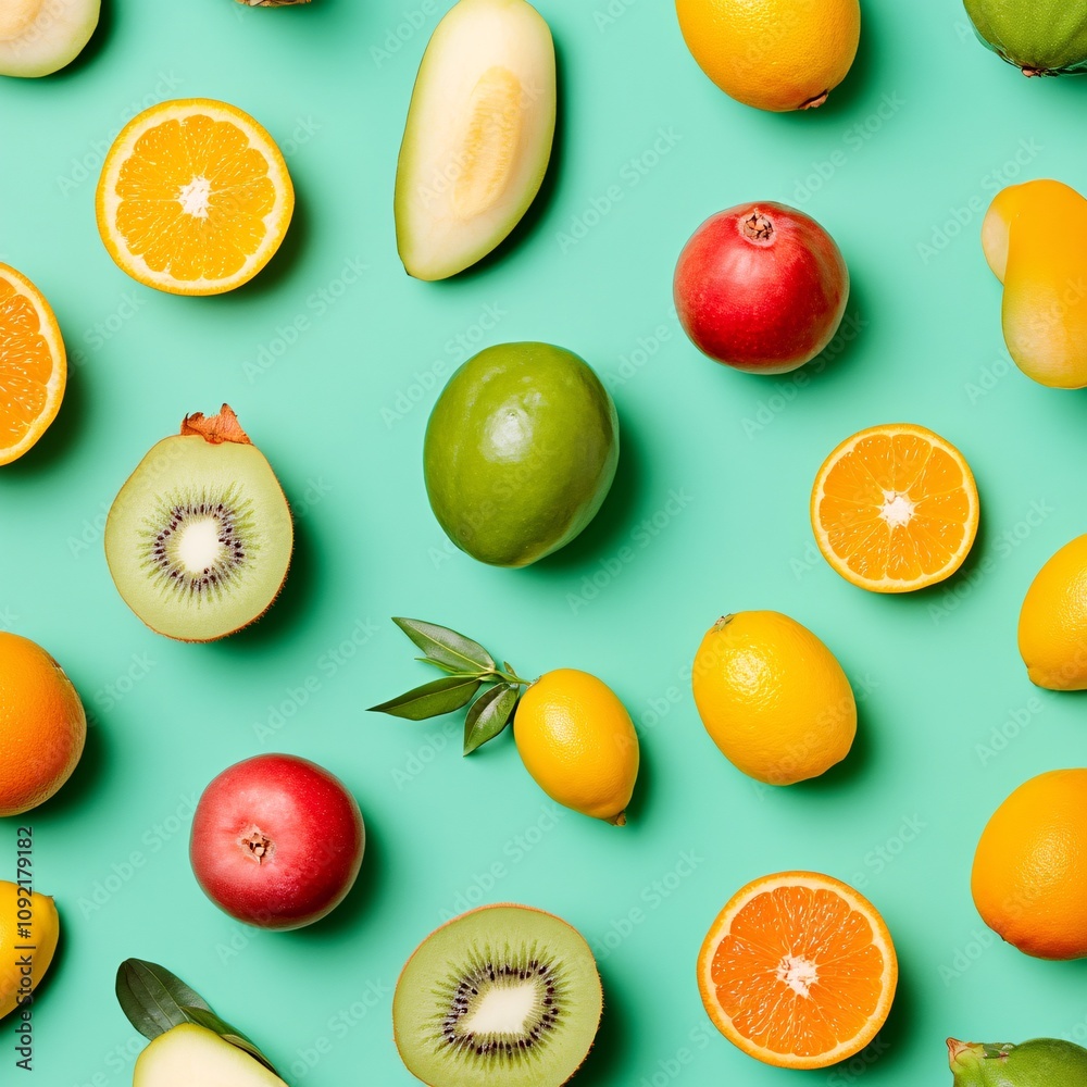 2409_085.An assortment of whole, uncropped vibrant tropical fruits on  deep teal background, view from above, showcasing diverse varieties, arranged with space around each vibrant tropical fruits,