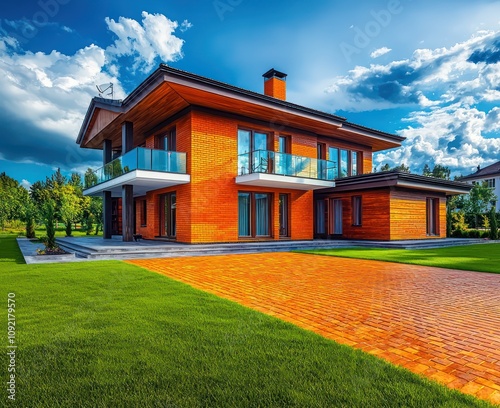 Orange brick driveway at a luxurious two-story house, wood paneling, summer day.