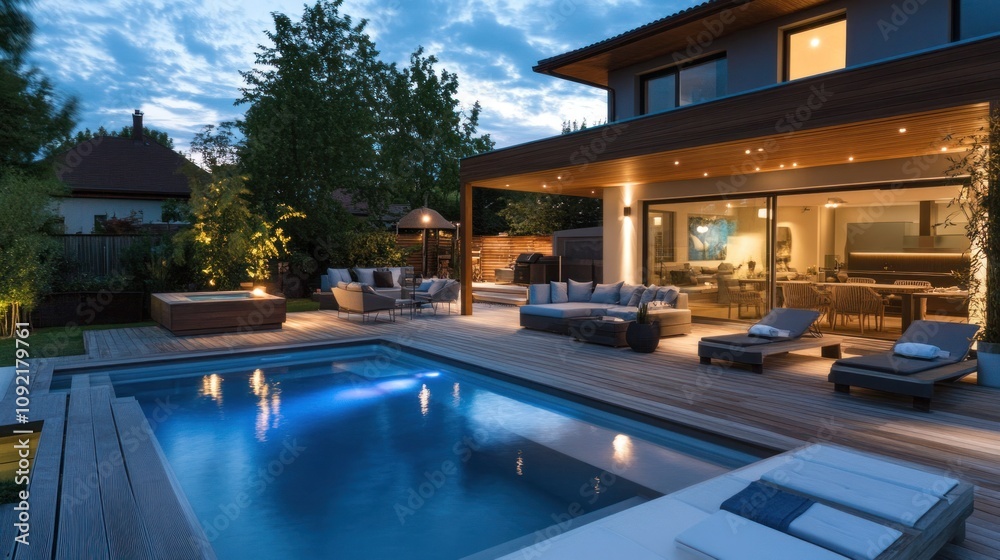 Fototapeta premium Pool deck decor with natural wood elements, modern lighting, and chic furniture