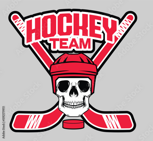 Ice Hockey Skull Vector logo, ice hockey emblem with crossed Ice hockey sticks vector illustration.