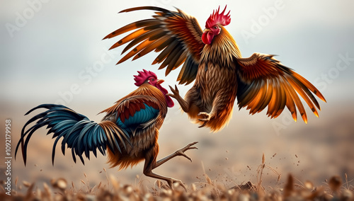 Two roosters are engaged in a fierce battle, set against the backdrop of a rustic rural landscape.