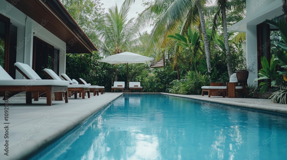 custom made wallpaper toronto digitalLuxury resort pool with lounge chairs and lush tropical foliage.