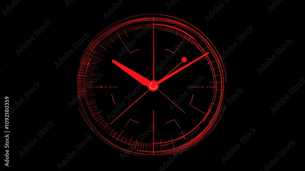 A red clock face with hour and minute hands on a black background. A red clock face with hour and minute hands on a black background.