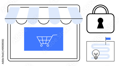 Shopfront with shopping cart, padlock representing security, and strategy plan with lightbulb and flag. Ideal for e-commerce, online business, security, strategy, planning, retail and technology