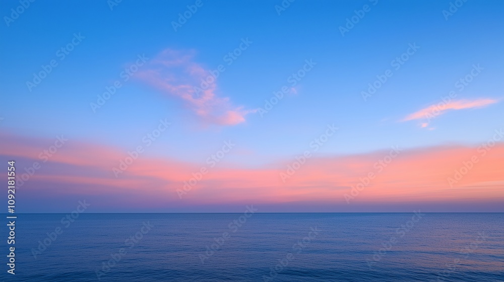 Naklejka premium Peaceful ocean horizon at sunset with soft pink and blue clouds. A serene and minimalistic seascape perfect for backgrounds, meditation, travel, and nature concepts