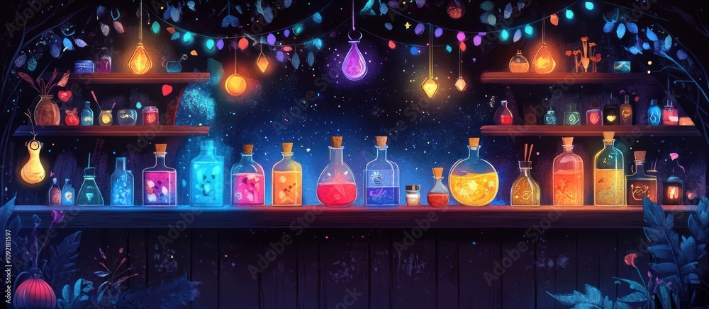 Fototapeta premium Magical potion bottles on a shelf with fairy lights in a magical forest.