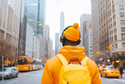 A man wearing a yellow hat and a backpack is walking down a city street. He is wearing headphones and he is listening to music