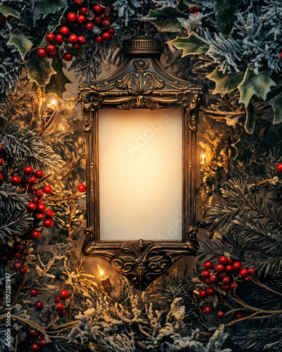  Glowing lantern Christmas greeting card template with festive holly berries, ivy, and winter seasonal decor template photo