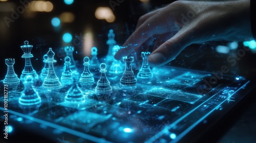 futuristic chess game with glowing digital chess pieces representing strategy and innovation. The player's hand hovers over the board, symbolizing decision-making and strategic planning in a digital