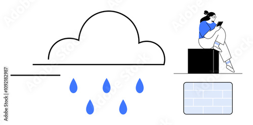 Woman reading a tablet on cube seat, blue rain drops falling from cloud. Ideal for wellness, relaxation, weather, digital use, reading, education mindfulness. Line metaphor