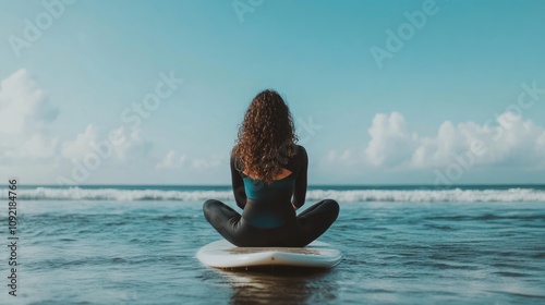 Sitting on a white surfboard in the ocean, wearing a black covered bodysuit