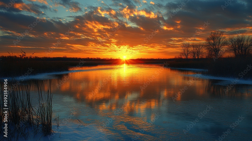 Obraz premium A serene sunset over a tranquil river, reflecting vibrant colors and surrounding nature.