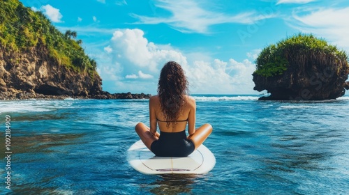 Sitting on a white surfboard in the ocean, wearing a black covered bodysuit