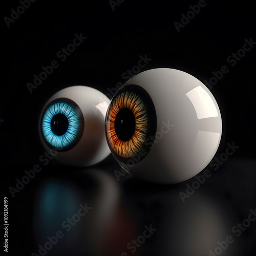 3D Render of Two Realistic Human Eyeballs with Blue and Orange Irises
