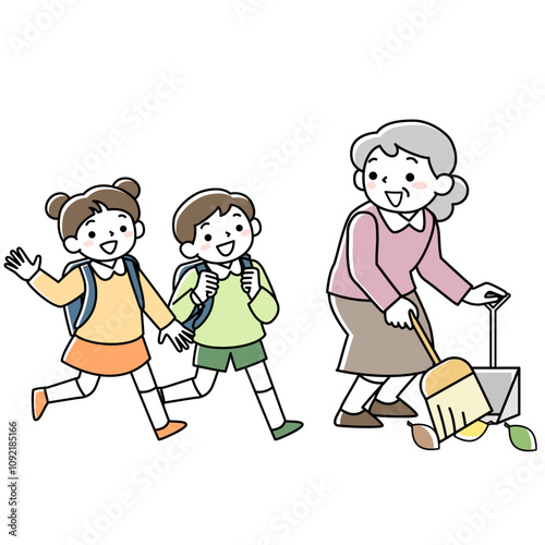 挨拶を交わすシニア女性と小学生の子供たち