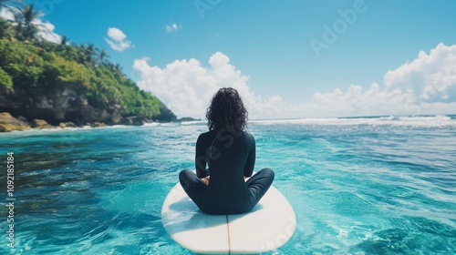 Sitting on a white surfboard in the ocean, wearing a black covered bodysuit