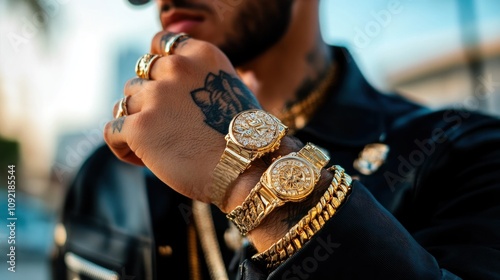 Popular blogger flaunting his gold jewelry, showcasing his rich and trendy lifestyle