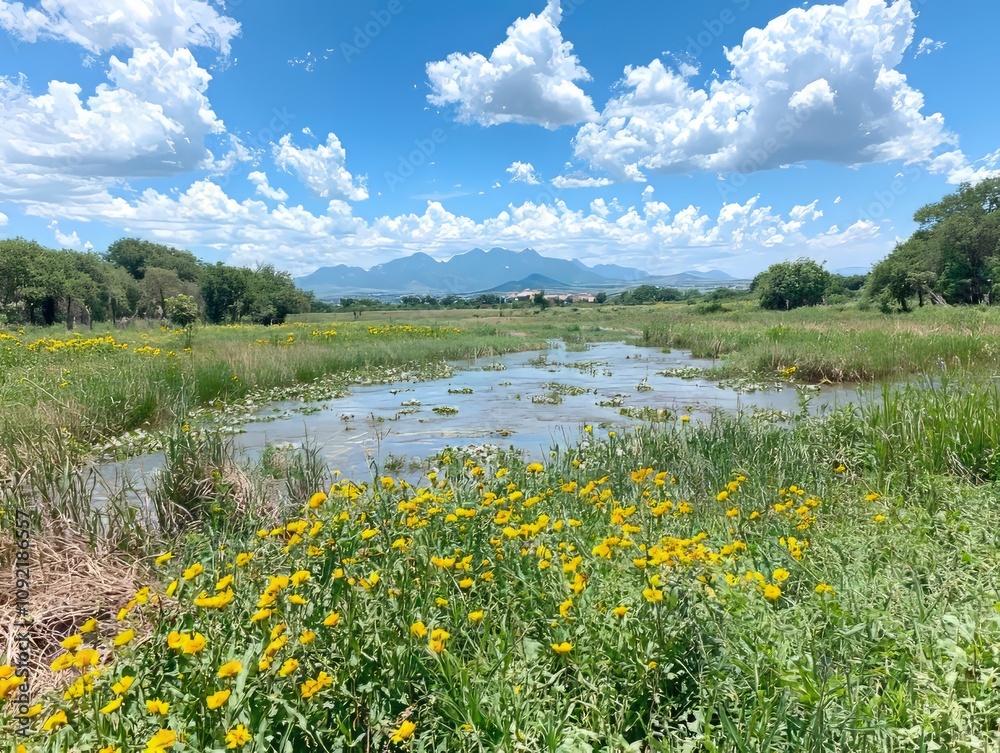 Fototapeta premium Scenic wetland with vibrant yellow flowers and distant mountains under clouds.