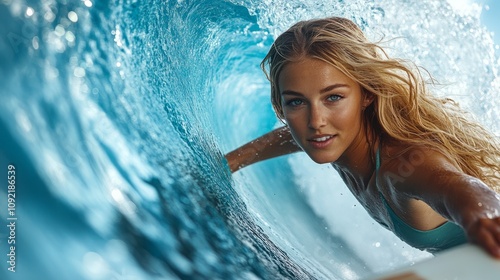 A vibrant and dynamic picture of a Western woman actively surfing in the ocean.