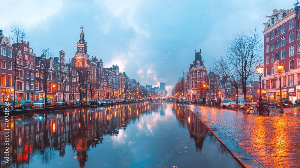Fototapeta premium Serene Amsterdam canal scene at dusk with reflections and historic buildings.