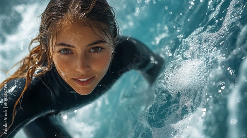 A vibrant and dynamic picture of a Western woman actively surfing in the ocean.
