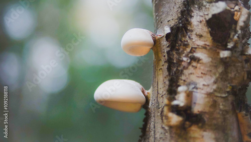 close up of a tree, mushrooms on the tree 