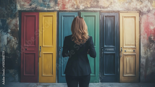 A businesswoman pauses before several doors, keys in hand, deciding which path to take.  Making tough choices is key to career success and finding good opportunities.