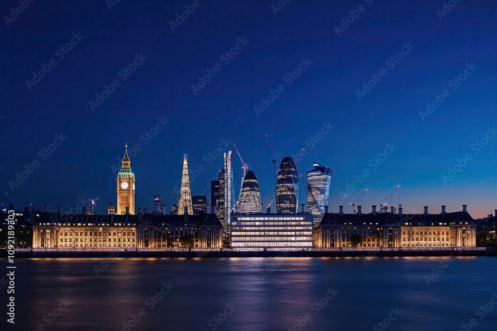 Fototapeta premium Breathtaking London Skyline at Sunset with Glowing Facades and Rich Blue Sky