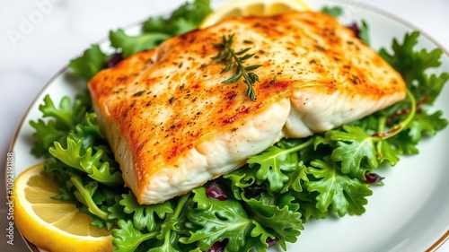 Pan-seared salmon fillet served atop a bed of mixed greens with a citrus vinaigrette dressing, healthy fish options, fruit salad, seafood restaurants