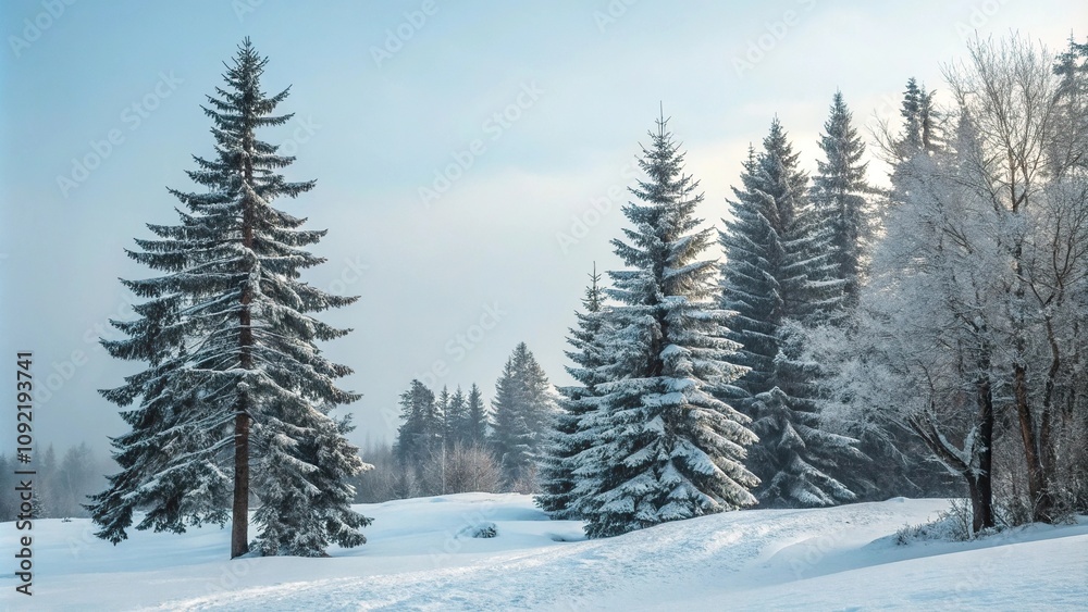 Fototapeta premium Snow-covered pine trees with bare branches against a pale blue sky, snowy pines, frosty mornings, pale blue sky, evergreen forests