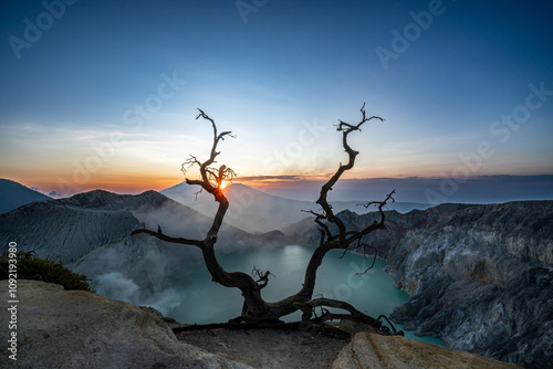 Ijen Crater at sunset. Beautiful view on Mount Ijen, East Java, Indonesia photo