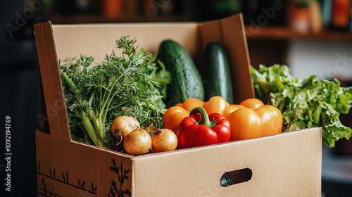 A fresh box of organic vegetables being delivered to a doorstep as part of a subscription service. photo