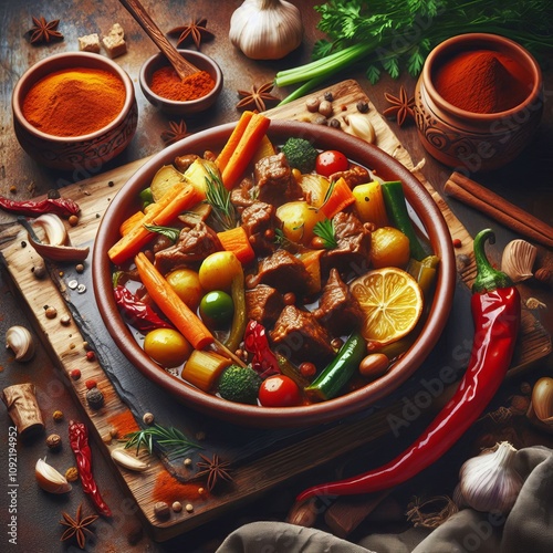 Spicy Moroccan Tagine A warm blend of spices meat and vegetables photo