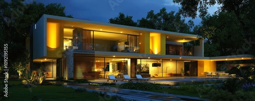 Contemporary home with open-plan and yellow accents at night.